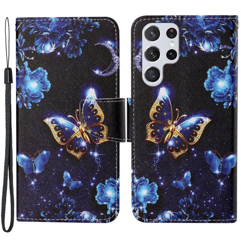 Flip Cover Samsung Galaxy S22 Ultra 5G Med Snor Dydbare Stropsommerfugle