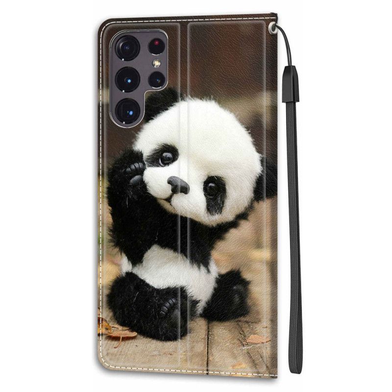 Flip Cover Samsung Galaxy S22 Ultra 5G Med Snor Leg Lille Panda Med Rem