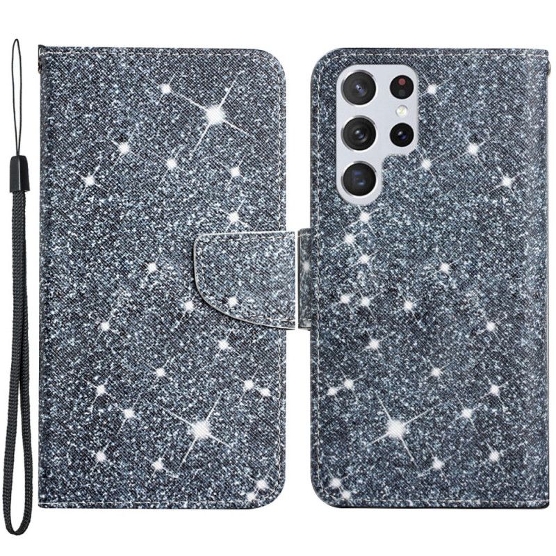 Læder Cover Samsung Galaxy S22 Ultra 5G Med Snor Pailletterrem