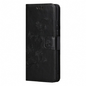 Læder Cover Samsung Galaxy S22 Ultra 5G Med Snor Thong Sommerfugle Og Blomster