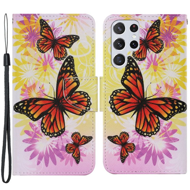 Læder Cover Samsung Galaxy S22 Ultra 5G Sommerfugle Og Sommerblomster