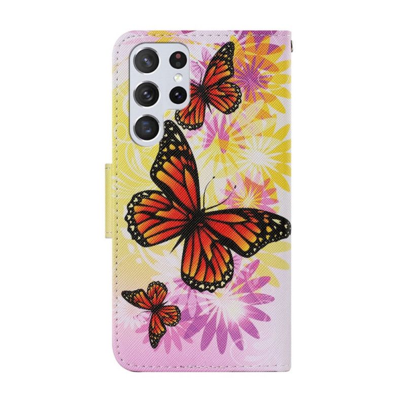Læder Cover Samsung Galaxy S22 Ultra 5G Sommerfugle Og Sommerblomster