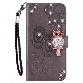 Læder Cover Samsung Galaxy S22 Ultra 5G Ugle Mandala Og Charm