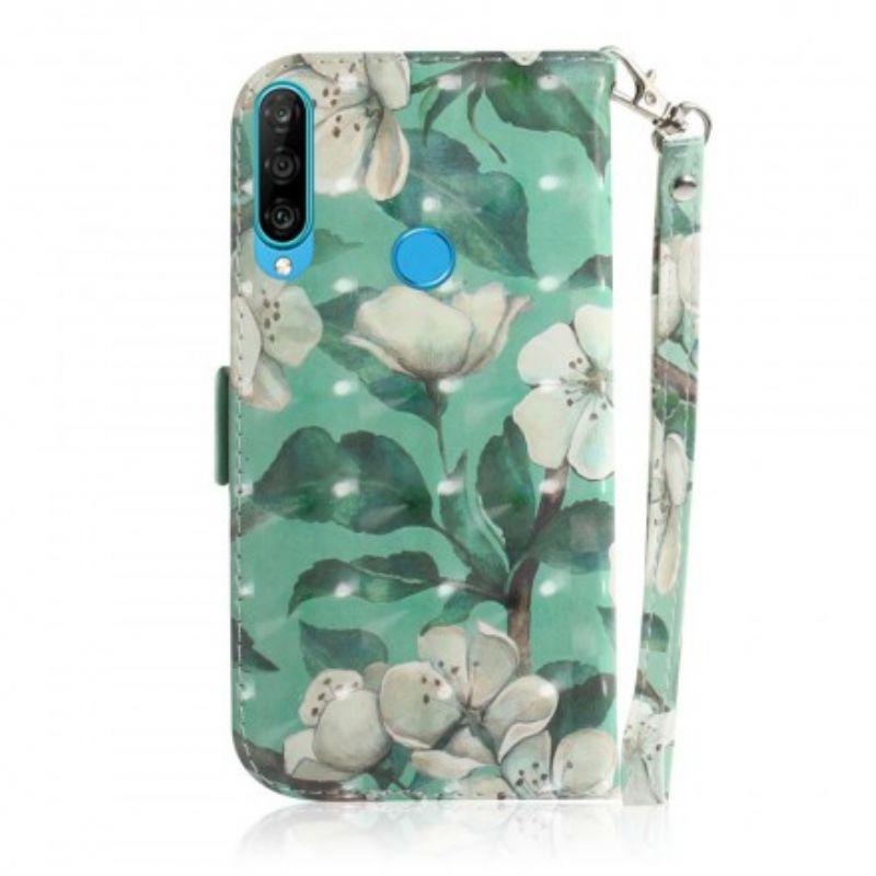 Læder Cover Huawei P30 Lite Med Snor Thong Blomstergren