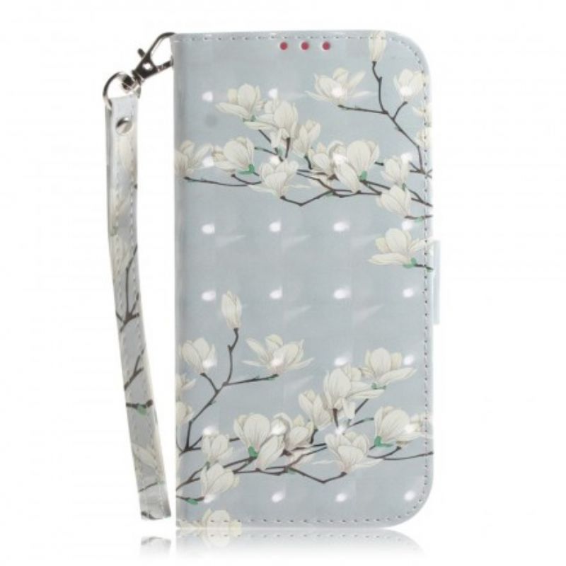 Læder Cover Huawei P30 Lite Med Snor Thong Blomstertræ
