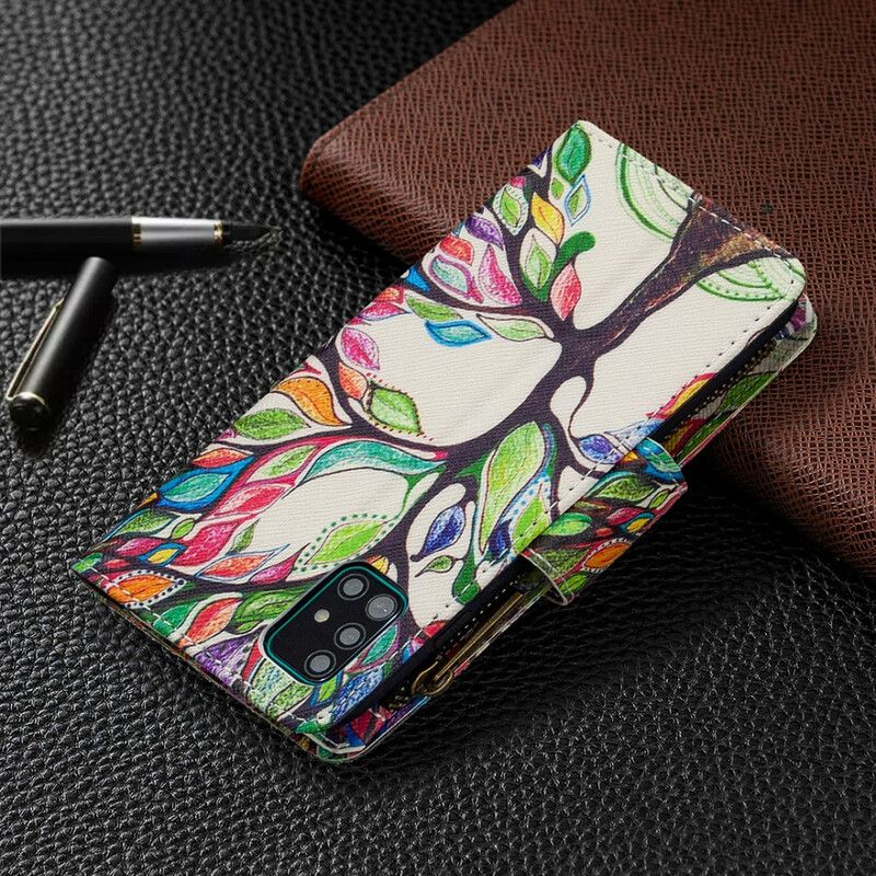 Flip Cover Samsung Galaxy A51 Lomme Med Lynlås I Træ
