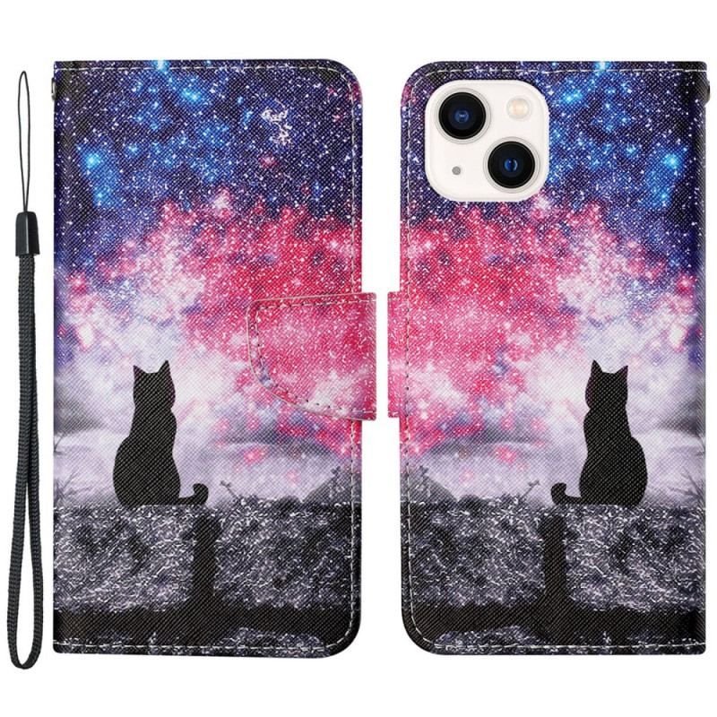 Flip Cover iPhone 15 Med Snor Måneskinskat Med Rem