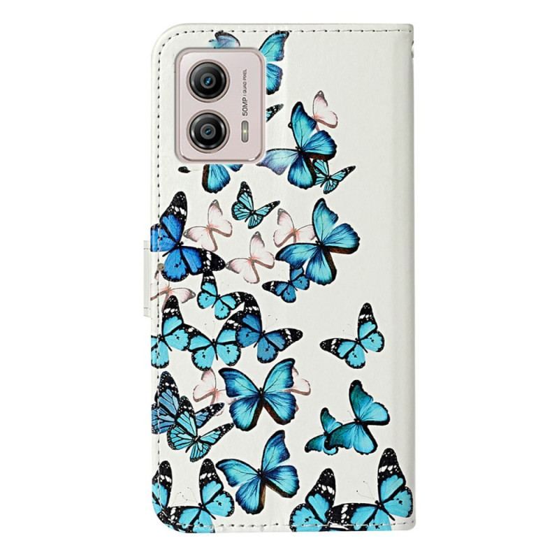 Flip Cover Moto G73 5G Med Snor Blå Sommerfugle I Stropflyvning