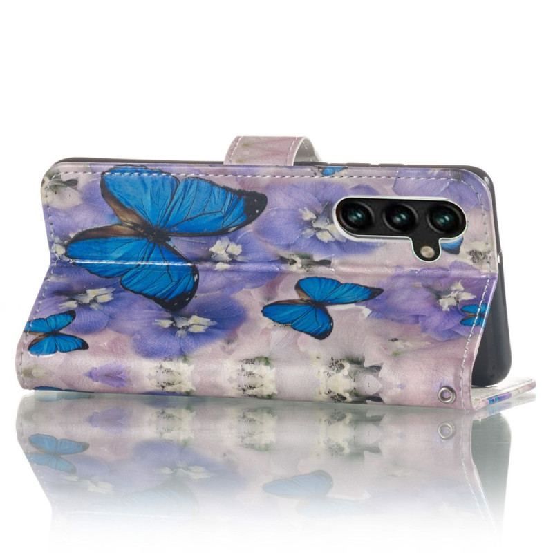 Flip Cover Samsung Galaxy S23 5G Med Snor Farverige Thong Sommerfugle