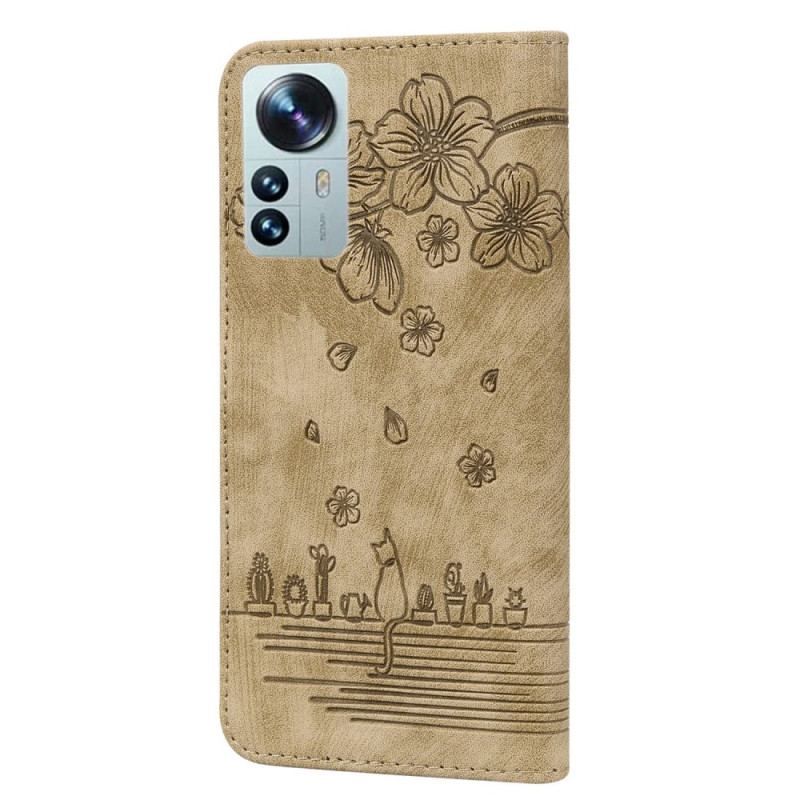 Flip Cover Xiaomi 12 / 12X Med Snor Blomsterstreng Kat
